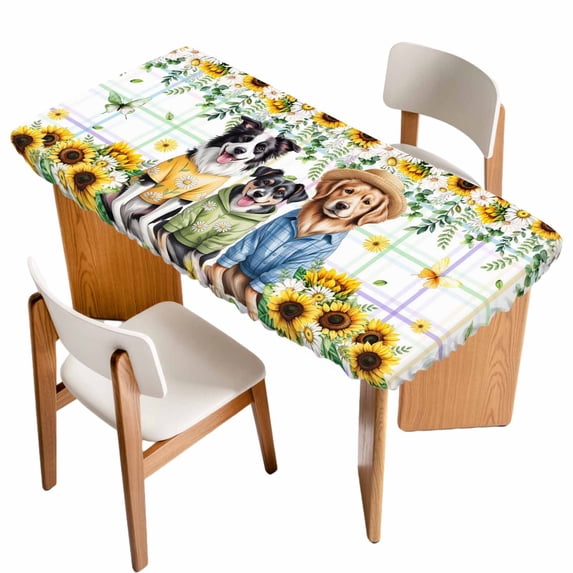 Spring Dog Table Cloths for 4 Foot Rectangle Tables, Sunflower Daisy Botanical Watercolor Patio Waterproof Elastic Fitted Tablecloths, Washable Rectangular Table Cover for Camping