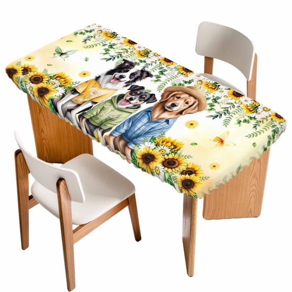 Spring Dog Table Cloths for 5 Foot Rectangle Tables, Sunflower Daisy Botanical Yellow Ombre Patio Waterproof Elastic Fitted Tablecloths, Washable Rectangular Table Cover for Camping