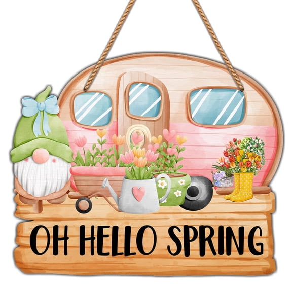Spring Door Decorations for Home, Spring Welcome Sign for Front Door Rustic Oh Hello Spring Gnome RV Wood Hanging Signs for Home Indoor Outdoor Decor,wood5
