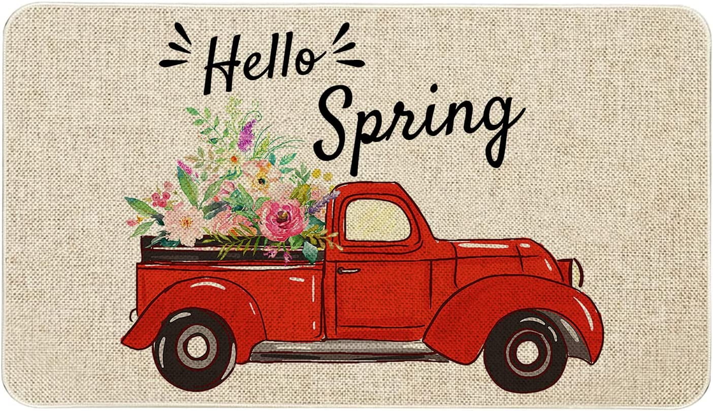 Spring Door Mat 30 X 17 Inch Hello Spring Red Truck with Flowers Doormat Indoor Outdoor Entrance Floor Mat Non Slip Spring Decor Rubber Mats