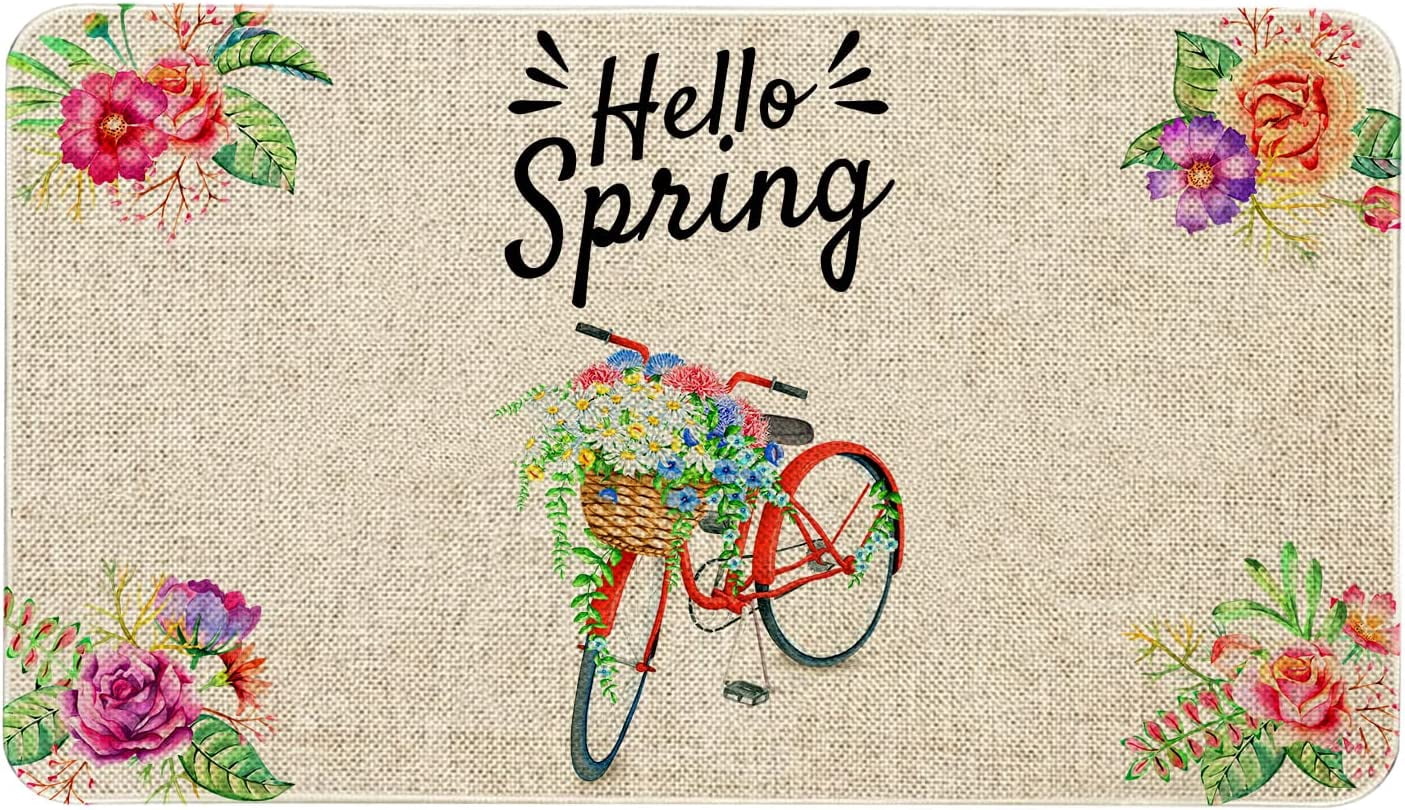 Spring Door Mat 30 X 17 Inch Spring Bike with Flowers Doormat Indoor Outdoor Entrance Floor Mat Non Slip Spring Decor Rubber Mats