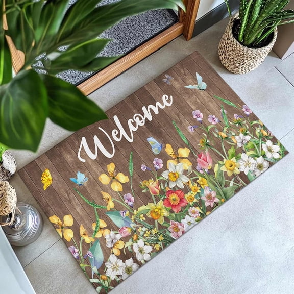 Spring Door Mat 30"x17" - Watercolor Wildflower, Butterfly & Welcome Script on Rustic Wood Print Spring Doormat Indoor Outdoor Entrance Patio Floor Mat Non Slip Rubber Mats