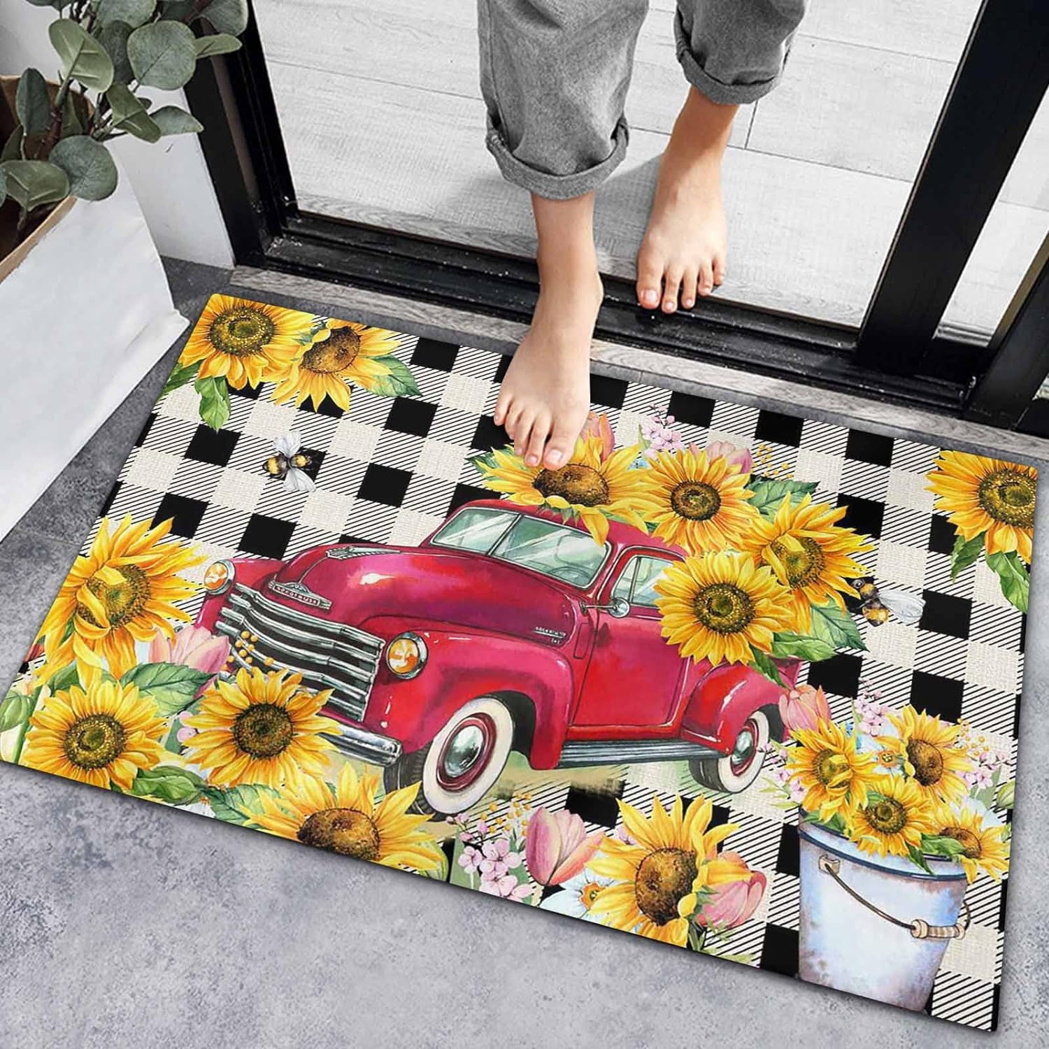 Spring Door Mat,Farmhouse Truck Sunflower Indoor Outdoor NonSlip