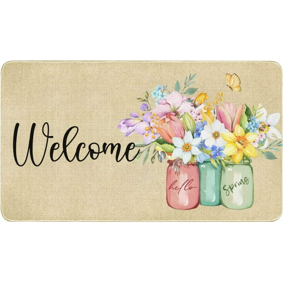 Spring Door Mat,Flower Floral Indoor Outdoor Non-Slip Doormat,Entryway Front Porch Spring Summer Welcome Door Mat Colorful for Entrance Decor,30" x 17"