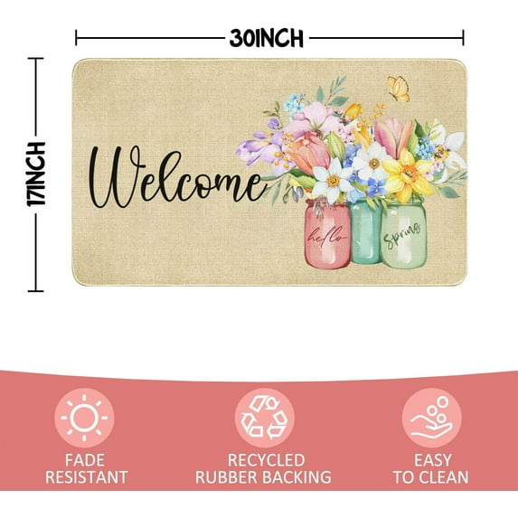 Spring Door Mat,Flower Floral Indoor Outdoor Non-Slip Doormat,Entryway Front Porch Spring Summer Welcome Door Mat Colorful for Entrance Decor,30" x 17"