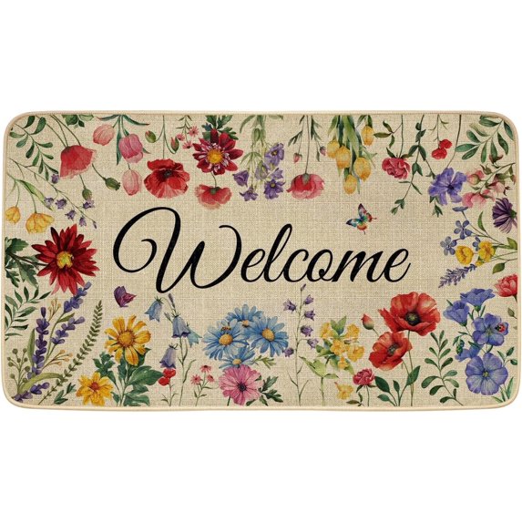 Spring Door Mat Welcome Decor Doormat, Summer Flower Plant Decorative Indoor Outdoor Non-Slip Mat for Home Entrance, Outside Entry, Floor, Patio 17x30 Inches