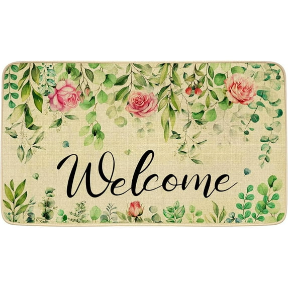 Spring Door Mat Welcome Eucalyptus Leaf Decor Doormat, Summer Flower Floral Decorative Indoor Outdoor Non-Slip Mat for Home Entrance, Outside Entry, Floor, Patio 17x30 Inches