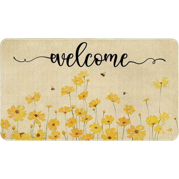 Spring Door Mat,Yellow Flower Floral Bee Indoor Outdoor Non-Slip Doormat,Entryway Front Porch Spring Summer Welcome Door Mat for Entrance Decor,30" x 17"