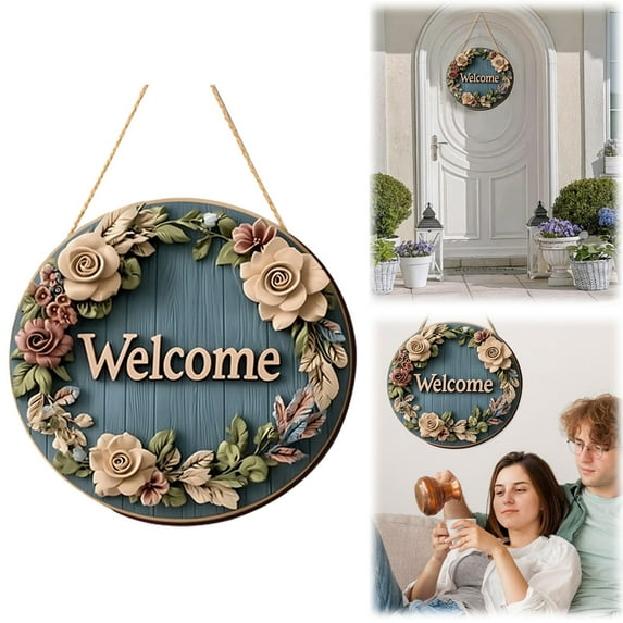 Spring Door Sign Welcome Hanging Navy Blue a - Wooden Door Hanger – Circular Wood Sign for Home Decor Rustic Welcome Sign for Garden Porch Cabin - 1 Spring Door Sign