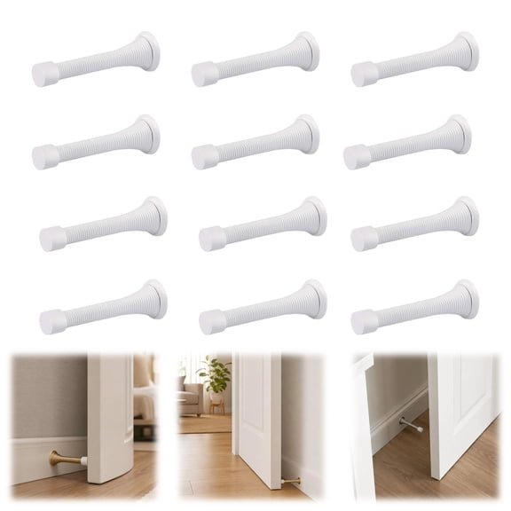 Spring Door Stopper 1.18x3.54in – 12-Pack Wall Door Stopper – Easy Installation Doorstop with Rubber Bumper Tip – Heavy Duty Materials and No-Damage Design