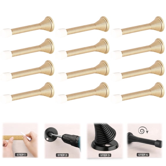 Spring Door Stopper Matt–12-Pack Wall Door Stopper – Easy Installation Doorstop with Rubber Bumper Tip – Heavy Duty Materials and No-Damage Design(Gold)