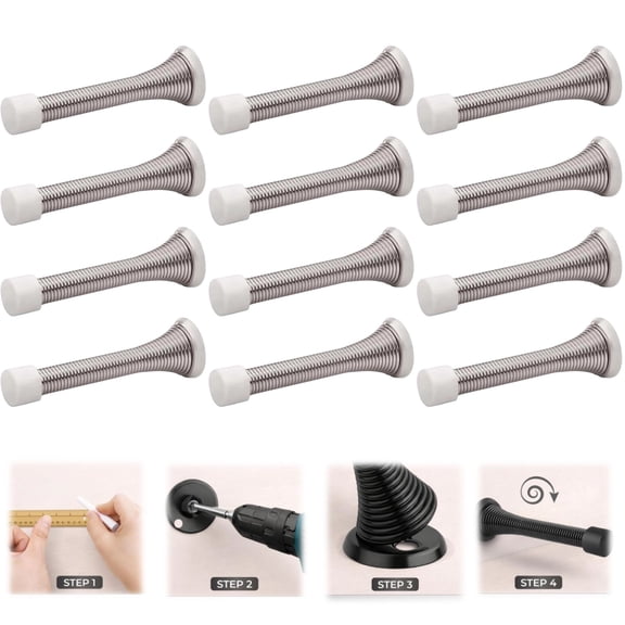 Spring Door Stopper Matt–12-Pack Wall Door Stopper – Easy Installation Doorstop with Rubber Bumper Tip – Heavy Duty Materials and No-Damage Design(Silver)