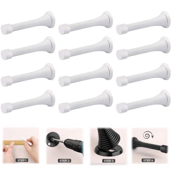 Spring Door Stopper Matt–12-Pack Wall Door Stopper – Easy Installation Doorstop with Rubber Bumper Tip – Heavy Duty Materials and No-Damage Design(White)