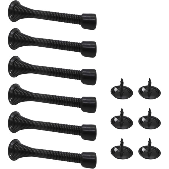 Spring Door Stoppers Heavy-Duty Screw-In Wall Protectors with Bumper Tips Flexible & Durable, Pack of 6, Black