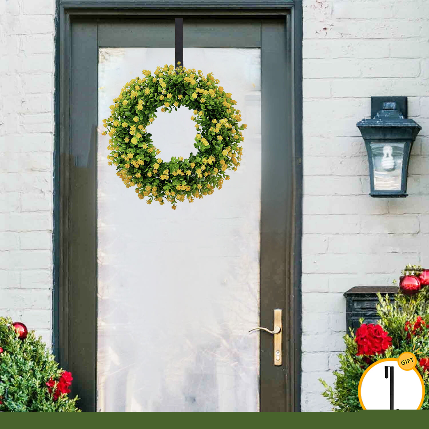 Spring Door Wreath with 15" Wreath Hanger Hook, 13 Inch Farmhouse Artificial Floral Wreaths for Front Door Home Easter Decorations Greenery Flower for Summer Outdoor Indoor Porch Party