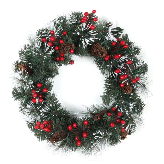 Spring Door Wreath - 16 Inch Pre-Lit Artificial Wreath with Flocked Snow, Pine Branches, Red Berries and Pine Cones - Holiday Wreath for Front Door, Wall, Window, Mantel Decor