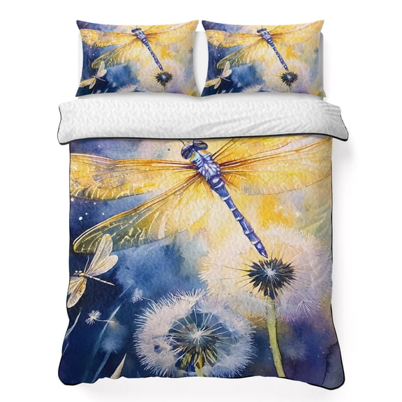 Spring Dragonfly 3 Piece Quilt Bedding Set with 2 Pillow Shams, Pastoral Dandelion Floral Lightweight Bedspread Coverlet, Soft Breathable All Season Quilt, 68 x 86 Inch