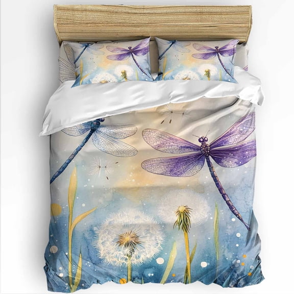 Spring Dragonfly Full Size Comforter Set, Pastoral Dandelion Flowers Soft Bedding for All Seasons, 4 Pcs Bed Set with 1Comforter (86"x86") ,1 Sheet(80"x116"), 2 Pillowcases (19"x29")