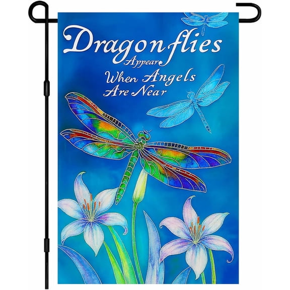 Spring Dragonfly Garden Flag 12 x 18 Inch Double Sided Summer Garden Flags flying dragonfly Blue Flower Seasonal Flags Outdoor Yard Flag for Home Front Door Lawn Porch Nature Decor