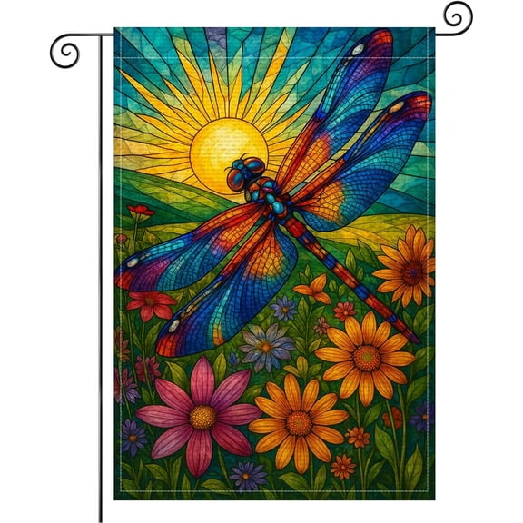 Spring Dragonfly Garden Flag 12x18 Inch Double Sided Stained Glass Style Burlap Rustic Farmhouse Yard Outdoor Banner for Porch Patio Lawn Spring Summer Decoration