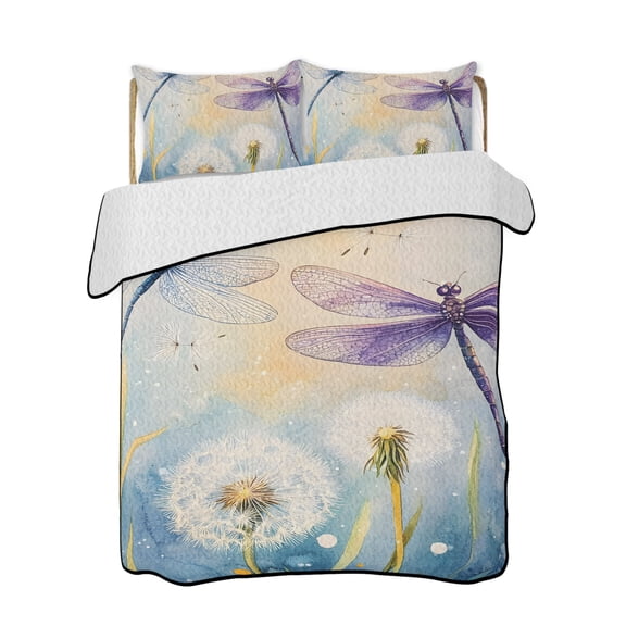 Spring Dragonfly Quilts Bedding Set California King Pastoral Dandelion Flowers Lightweight Quilted Bedspread 3 Piece Bed Quilt with 2 Pillow Shams All Season for Bedroom 96" x 106"
