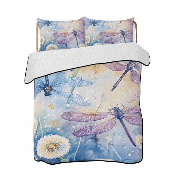 Spring Dragonfly Quilts Bedding Set California King Pastoral Flowers Dandelion Lightweight Quilted Bedspread 3 Piece Bed Quilt with 2 Pillow Shams All Season for Bedroom 96" x 106"