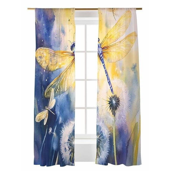 Spring Dragonfly Sheer Curtains 2 Panels Set Pastoral Dandelion Floral Lihgt Filtering Rod Pocket Voile Drape, Semi Sheer Window Curtains for Bedroom Living Room, 52"x96"