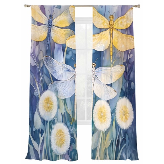 Spring Dragonfly Sheer Curtains for Living Room Bedroom, Pastoral Dandelion Flower Light Filtering Sheer Curtain Rod Pocket Voile Window Treaments Drapes, 52 x 84 Inches