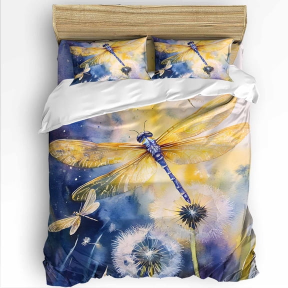 Spring Dragonfly Twin Size Comforter Set, Pastoral Dandelion Floral Soft Bedding for All Seasons, 4 Pcs Bed Set with 1 Comforter (68"x86") ,1Sheet(66"x116"), 2 Pillowcases (19"x29")
