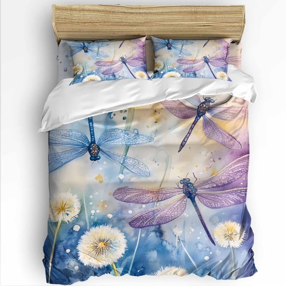 Spring Dragonfly Twin Size Comforter Set, Pastoral Flowers Dandelion Soft Bedding for All Seasons, 4 Pcs Bed Set with 1 Comforter (68"x86") ,1Sheet(66"x116"), 2 Pillowcases (19"x29")