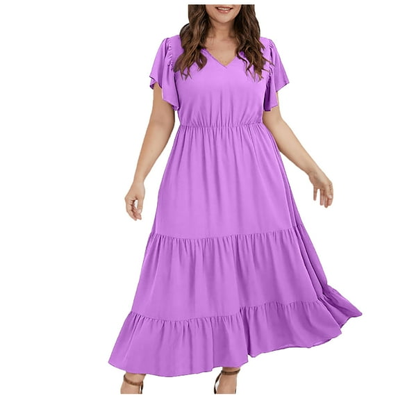 Spring Dress Clearance Short Sleeve V-Neck Knee-High Dress Solid Color Plus Size Short White Dress Formal Outdoor Ankle Length dress,Purple,XXL