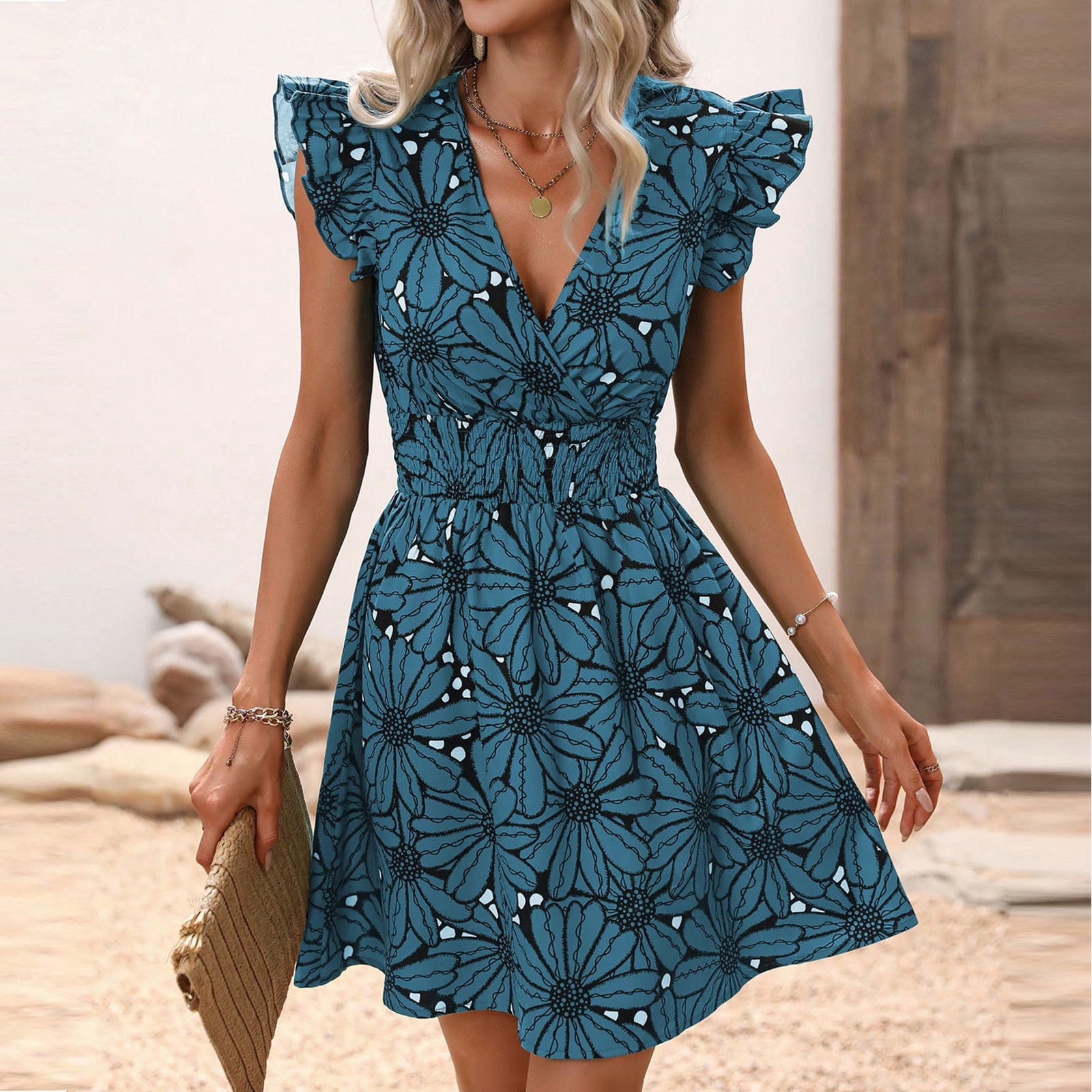 Spring Dress for Women High Waist Winched Sexy Lotus Leaf Sleeves Gree Printed Large Flower Ruffled V-Neck Sleeveless Collar Dress - Walmart.com Spring Dress for Women High Waist Winched Sexy Lotus Leaf Sleeves Gree Printed Large Flower Ruffled V-Neck Sleeveless Collar Dress - Walmart.com