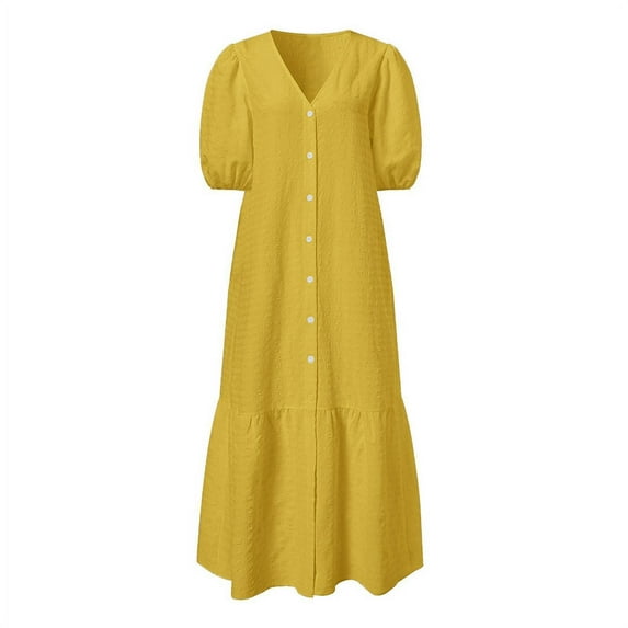 Spring Dresses, 2025 Elegant V Neck Button Down Casual Dress Pleated Linen Flowy For Wedding Guest Easter Church Cocktail Party Daily Wear Summer Boho Dresses (M, Yellow) ZMTing