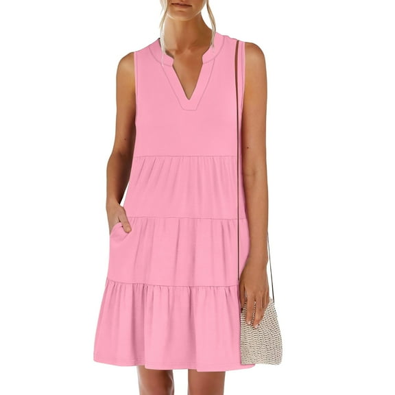 Spring Dresses, 2025 Summer Elegant V Neck Sleeveless Patchwork Tank Dress Casual Cocktail For Wedding Guest Beach Party A Line Dresses Skorts Women Dressy Casual Dresses (M, Pink) ZMTing