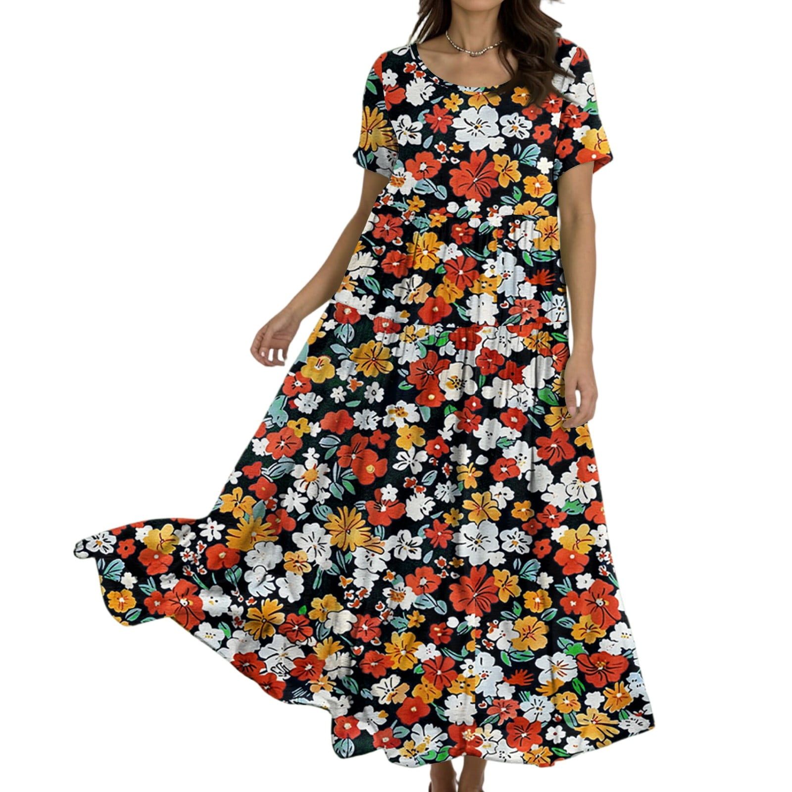 Spring Dresses, Casual Loose Fit Floral Short Sleeve Boho Dress For ...