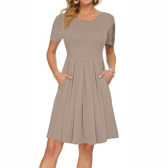 Spring Dresses, Elegant Pleated Casual Tshirt Dress With Pockets Short Sleeve Knee Length Summer 2025 Easter Wedding Guest Daily Boho Sundresses Lace Pageant Dresses Maxi (XL, Khaki) ZMTing