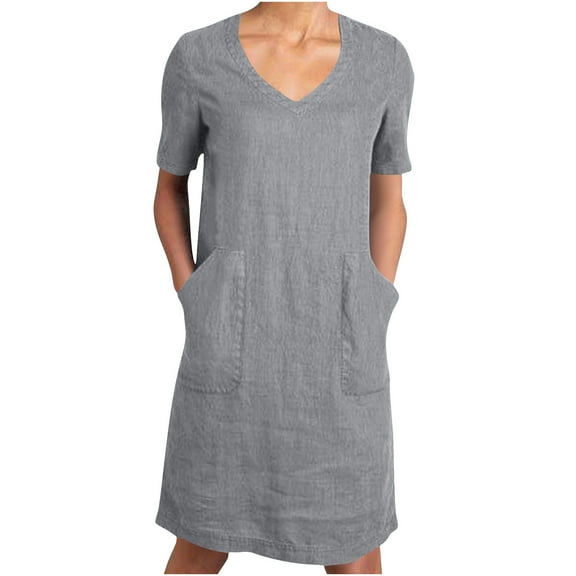 Spring Dresses For Women 2025 A-Line V-Neck Short Sleeve Solid Color Mini Straight Dresses with Pockets Gray XL