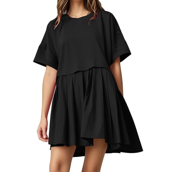 Spring Dresses For Women 2025 Flowy Ruffle Crew Neck Solid Color Short Sleeve Pleated Tank Dresses Short Sundresses Black M