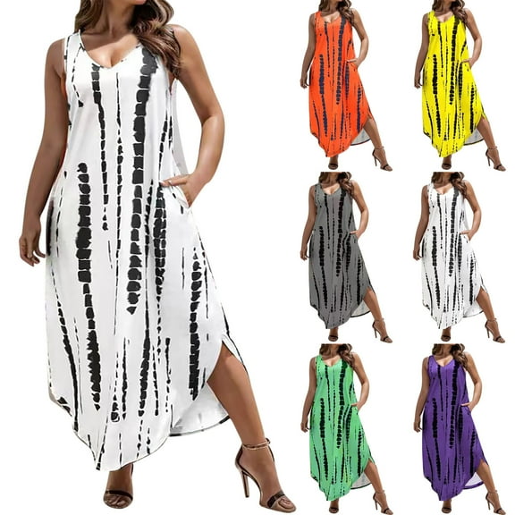 Spring Dresses For Women 2025 Summer Casual Plus Size Sleeveless V-Neck Print Maxi Dress Flowy Swing Sundresses for Women Beach Fashion Yellow 5XL