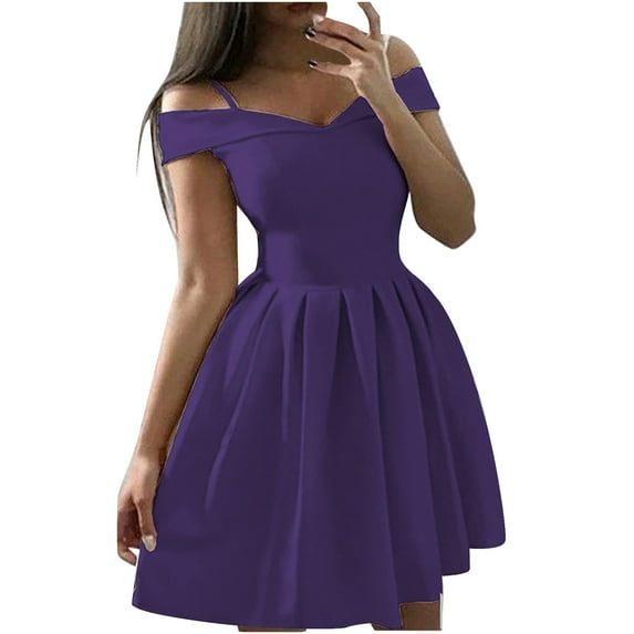 Spring Dresses For Women Clearance Sleeveless Off-The-Shoulder Dress Solid Color Pleated Women'S Casual Dresses Home Below the Knee dress,Purple,3XL