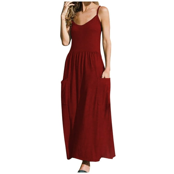 Spring Dresses For Women Sevevn Women Summer Casual Sleeveless Sling Round Neck Solid Mid-Length Pocket Dresses Loose Dress Womens Summer Dresses