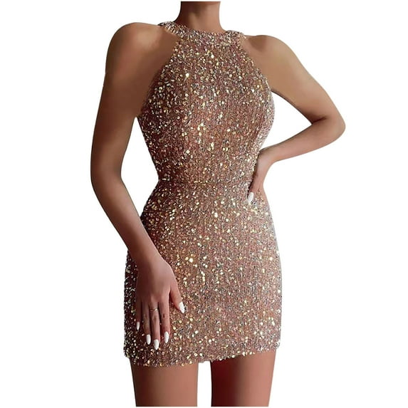 Spring Dresses For Women Sevevn Women's Fashion Round Neck Sequins Sleeveless Solid Mini Dress Formal Dresses Prom Dress