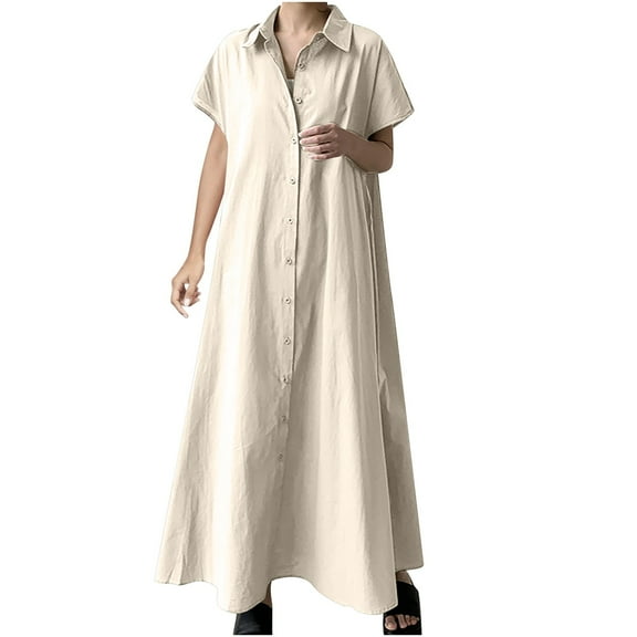 Spring Dresses For Women Sevevn Women's Summer Casual Color Sleeveless Oversized Skirt-Breasted Cotton Linen Shirt Dress Womens Summer Dresses