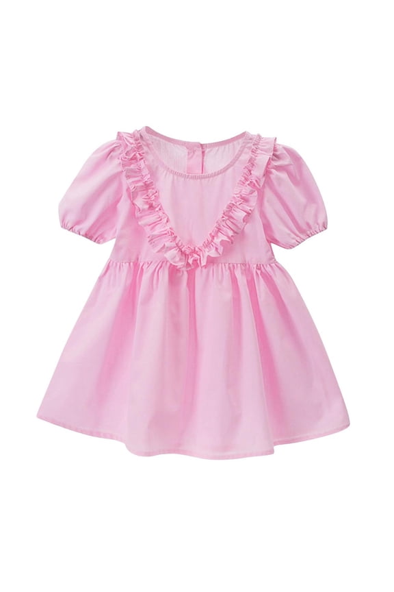 Spring Dresses for Girls Baby Girls'Summer Dresses, Casual Ruffle Round Neck Short Sleeve Beach Sundress, Back Button Down A-Line Loose Flowy Party Dresses New Pinks 5T
