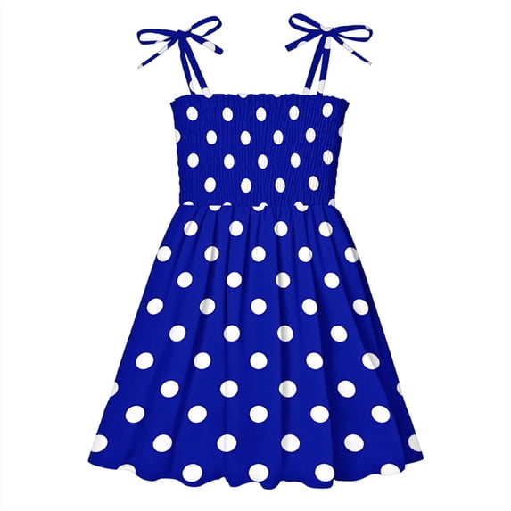 Spring Dresses for Girls Spaghetti Straps Princess Sundress Polka Dots Print Casual Tie Shoulder Sleeveless Smocked Beach Holiday Dresses 1-6T New Blue 1T
