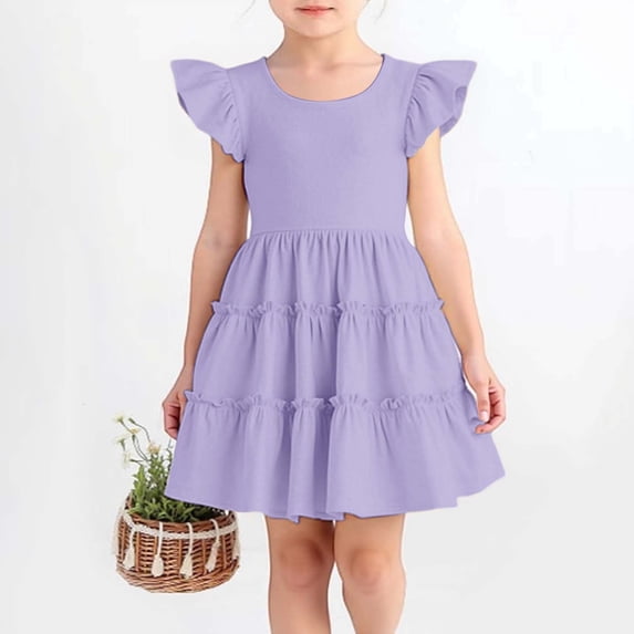 Spring Dresses Short Sleeved Small Floral Princess Style Dance Dresses for Girls Summer Outfits Beach Sundress (Purple,4-5 Years)