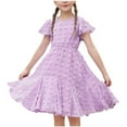 thumbnail image 1 of Spring Dresses for Toddler Girls 2025 New 2025 Girls Summer Short Sleeve Dress Cute Ruffle Flowy Mini Dress Kids Elegant School Outfits Purple 120, 1 of 9