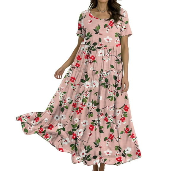 Spring Dresses For Women 2025, Casual Loose Fit Floral Short Sleeve Boho Dress Easter Wedding Guest Summer 2025 Elegant Church Beach Party Maxi Dress White Dresses Casual (S, Pink) ZMTing
