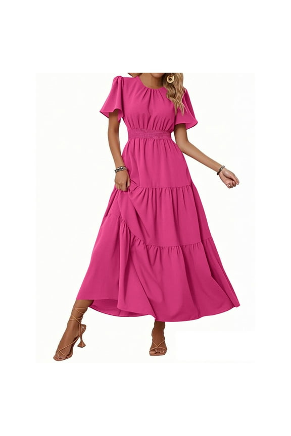 Spring Dresses For Women 2025, Summer Elegant Casual Round Neck Ruffled Hem Flowy Dress Wedding Guest Easter Church Boho Cocktail Party Dress Linen With Layered Dress Casual (S, Hot Pink) ZMTing