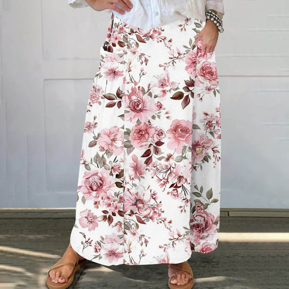 Spring Dresses for Women Viikei A-Line Skirt with Pockets for Convenience,Women's Printed Elastic Waistband Pleated Pocket Skirt With Mid Calf Skirt Pink S